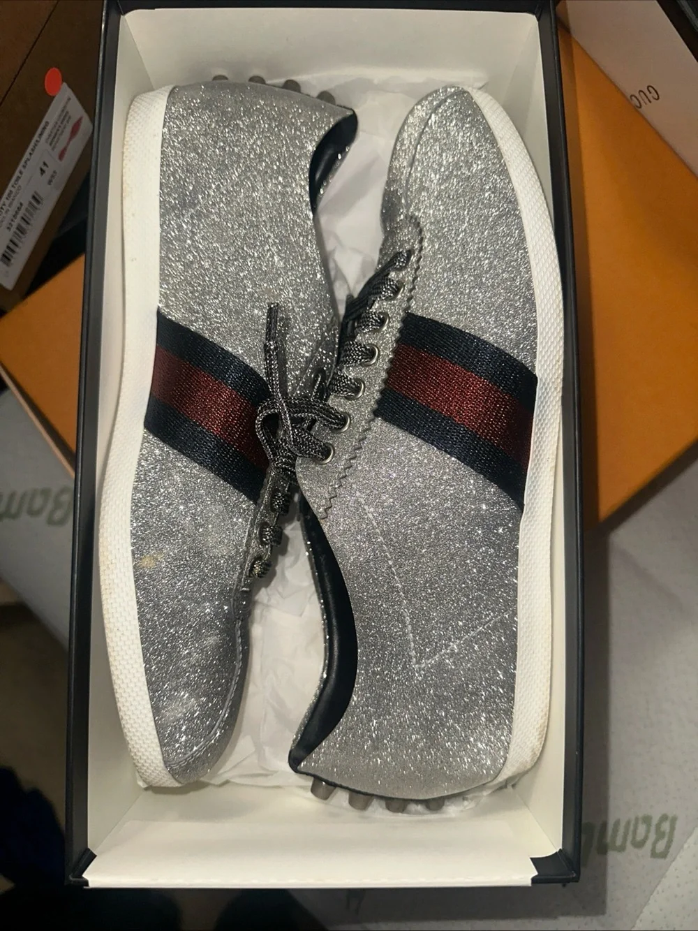 Gucci Silver Glitter Sneakers with Black Ribbon Detail